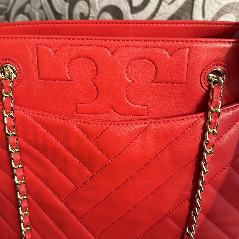 Tory Burch Large Elegant Bright Red Quilted Soft Leather Tote Bag